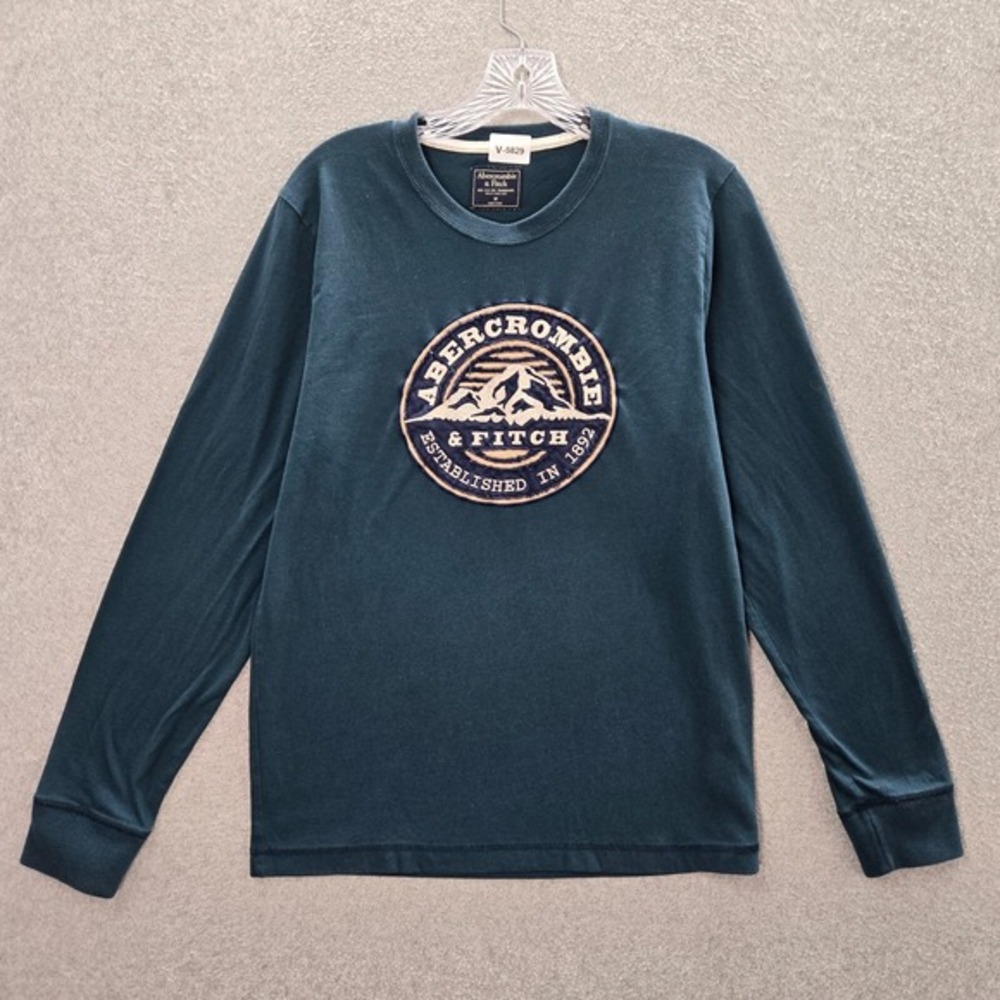 Abercrombie & Fitch Men‎ Shirt Medium Blue Logo Embroidered Crew Neck Pullover